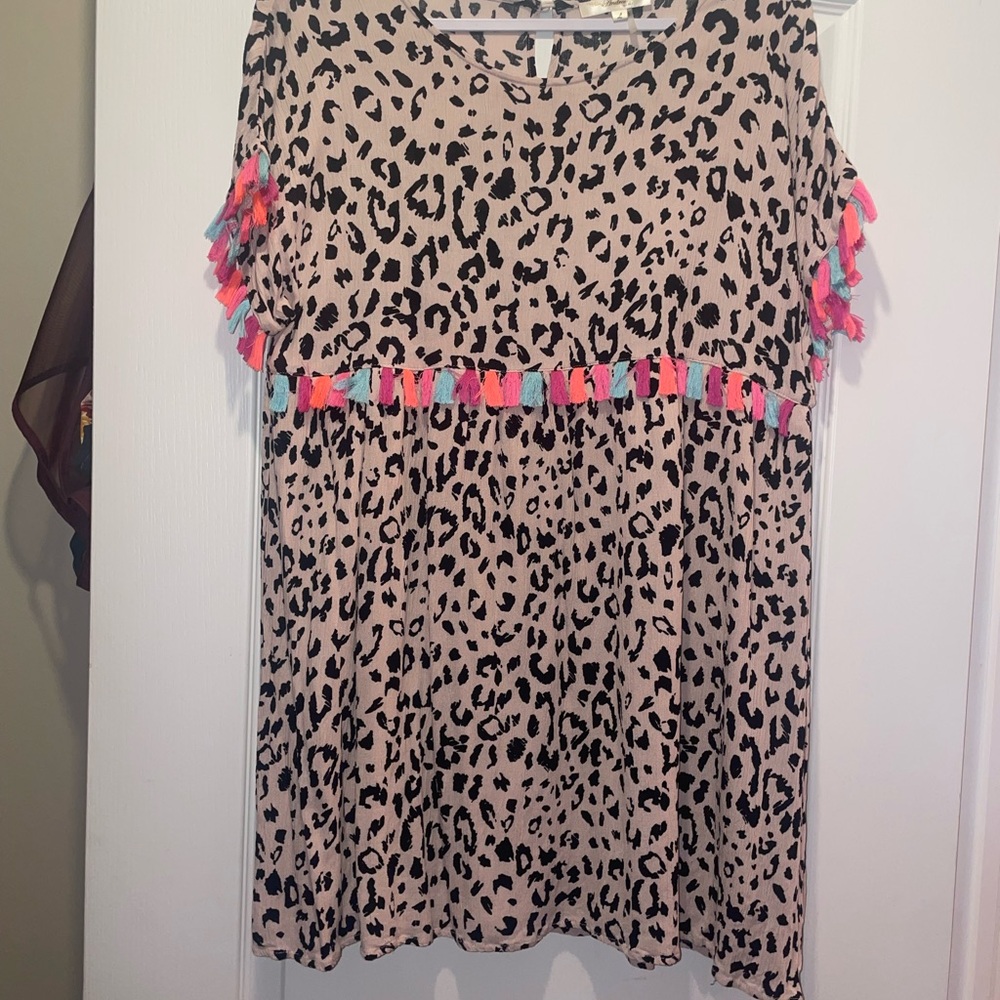 ANDREE BY UNIT Leopard Print Mini Dress with Colorful Tassels